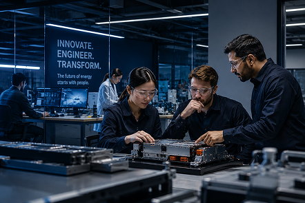 Engineers collaborating in a battery research laboratory